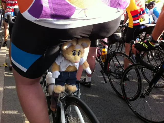 woman's behind on a bike with a stuffed toy attached