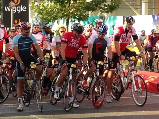 A number of Cyclists at the start of RideLondon - Martin Johnson on his bike