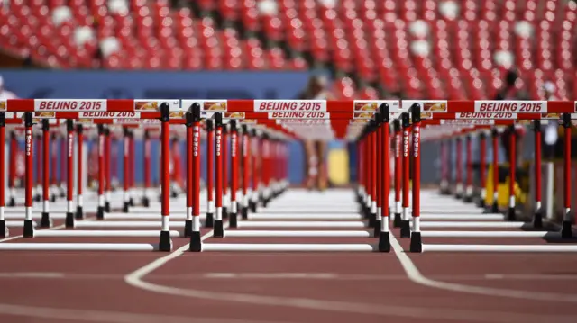 Hurdles inside the Bird's nest Stadium