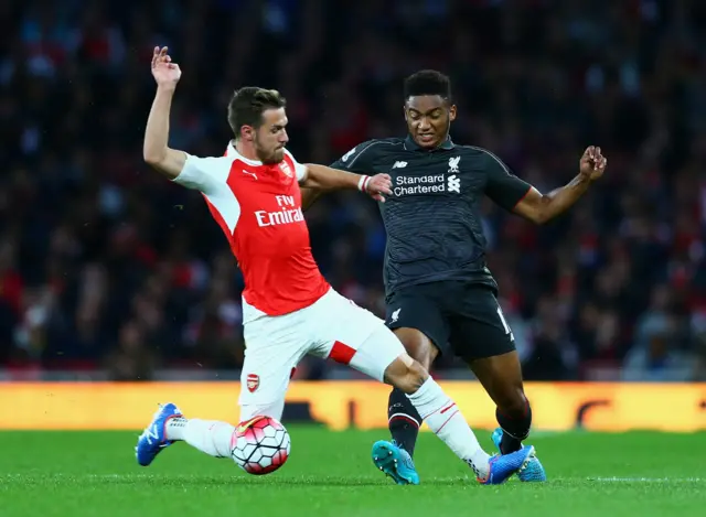 Aaron Ramsey tackles Joe Gomez