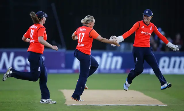 Danielle Hazell celebrates wicket of Meg Lanning