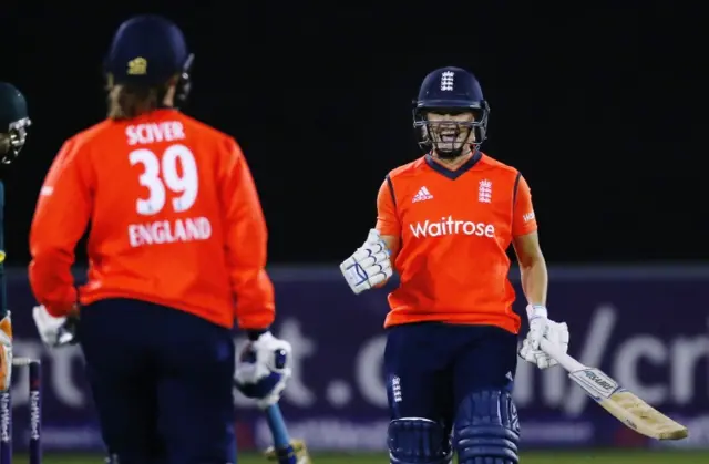 England's Katherine Brunt celebrates victory in Chelmsford