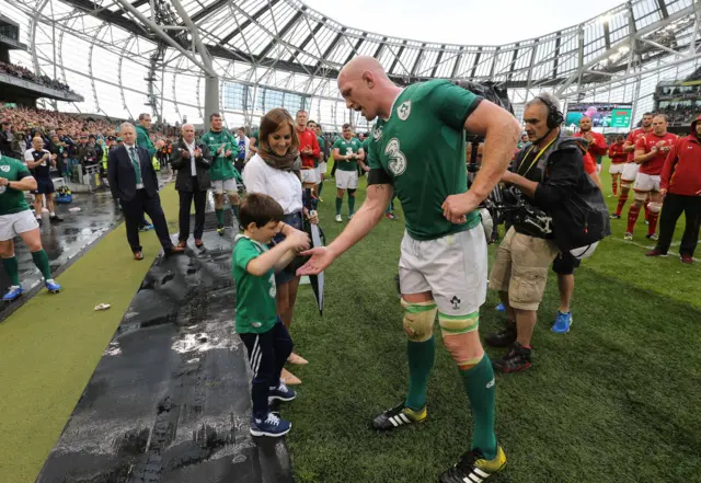 Ireland’s Paul O'Connell with his son Paddy and wife Emily after his final home game for Ireland