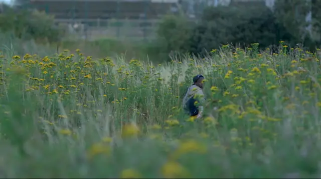 A young man hides in a field near the Eurostar railway tracks