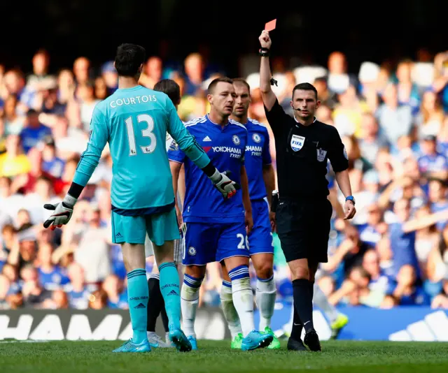 Thibaut Courtois is shown a red card