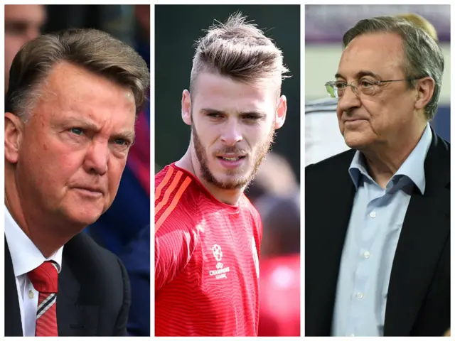 Louis van Gaal, David De Gea, and Florentino Perez