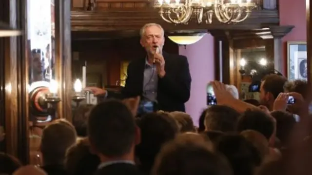 Jeremy Corbyn addressing supporters in the pub