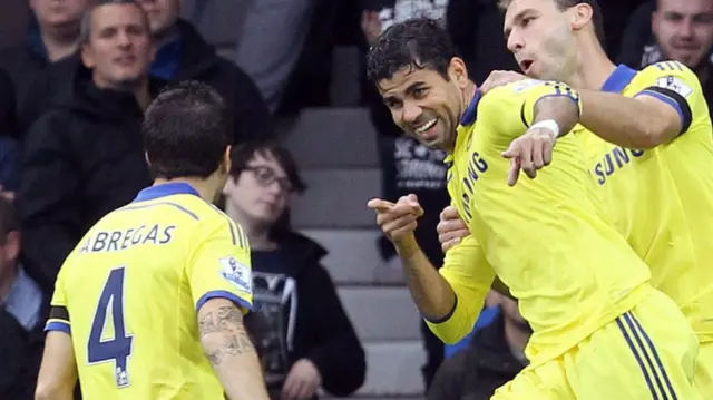 Diego Costa celebrates one of his goals at Goodison Park last season