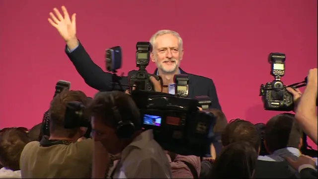 Jeremy Corbyn celebrates after winning the Labour leadership