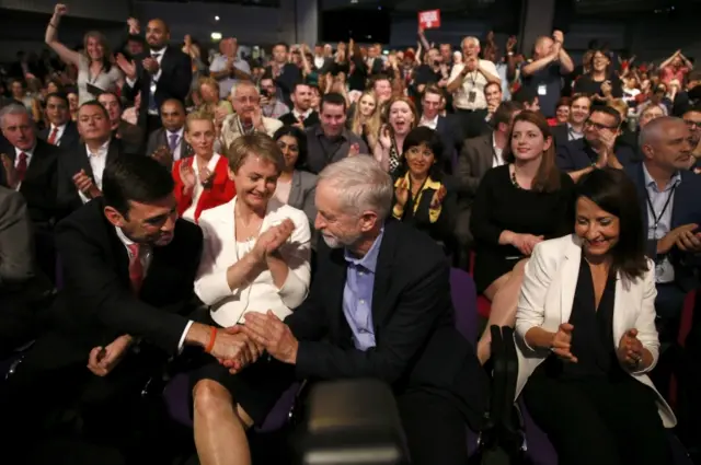 Jeremy Corbyn congratulates Andy Burnham, who came in second place