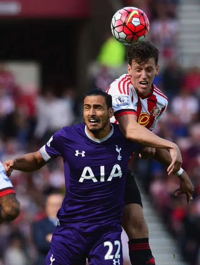 Billy Jones jumps for the ball with Nacer Chadli