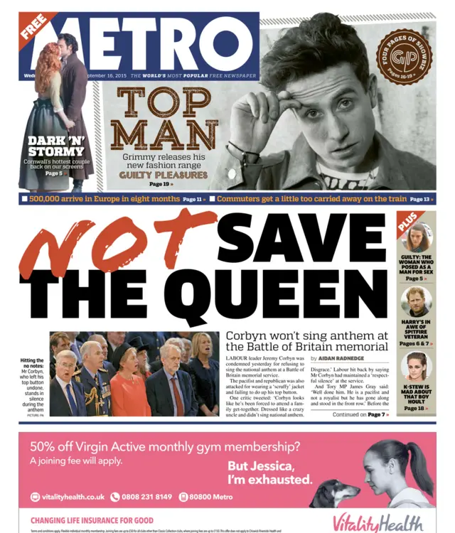 Metro front page - 16 September 2015