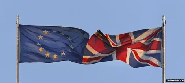 Eu flag and UK flag flying side by side