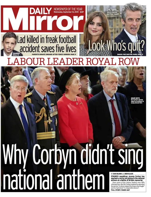 Daily Mirror front page - 16 September 2015