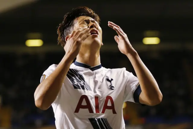 Son Heung-min reacts to a miss