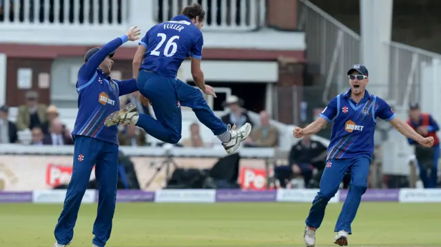 James Fuller celebrates wicket of Steven Davies