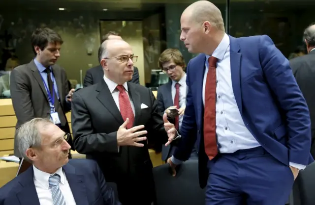 Hungarian Interior Minister Sandor Pinter, French counterpart Bernard Cazeneuve and Belgium"s Asylum and Migration State Secretary Theo Francken at a meeting in Brussels to discuss the migration crisis