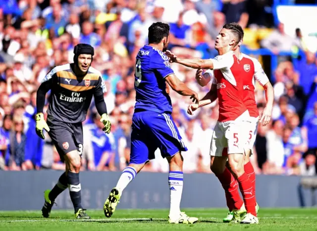 Chelsea"s Diego Costa and Arsenal"s Gabriel Paulista