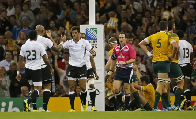 Ben Volavola celebrates scoring a try