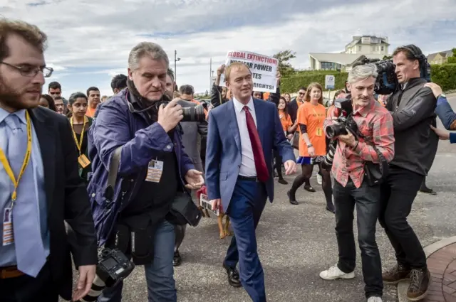 Tim Farron arriving ahead of his speech