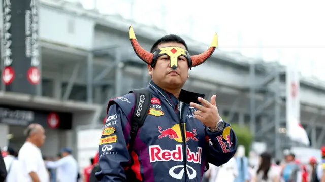 Fan with Red Bull horns