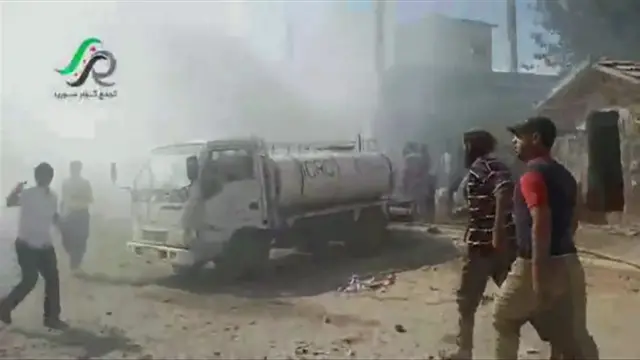 Screengrab from video posted online by opposition activist purportedly showing aftermath of Russian air strikes in Talbiseh, Homs province. 30 Sept 2015