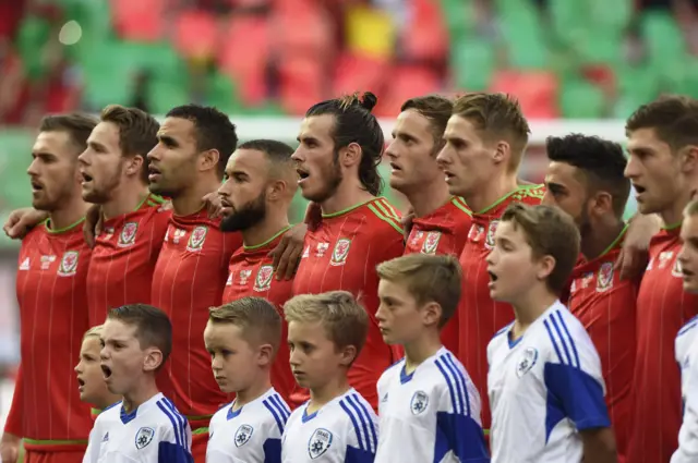 The Wales team react to the national anthem