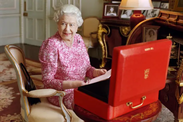 The Queen in her private audience room at Buckingham Palace
