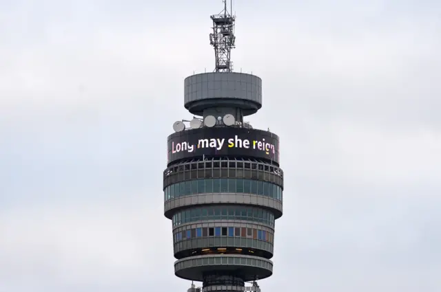 The BT Tower in London displaying a message for the Queen