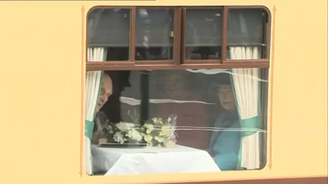 Queen and Prince Philip on the Pegasus Pullman train