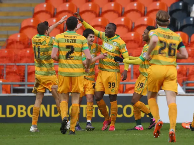 Francois Zoko of Yeovil Town celebrates