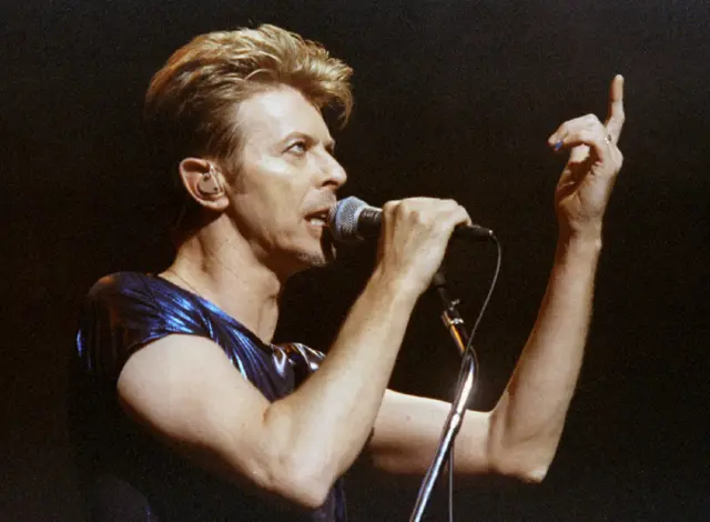 Singer David Bowie gestures as he performs one of the the first songs of a six-week concert tour of North America while appearing with the band Nine Inch Nails at the Meadows Music Theater in Hartford, Connecticut, in this September 14, 1995 file photo