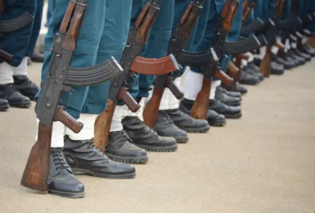 Close up of South Sudanese soldiers' rifles during a parade at the John Garang Mausoleum in Juba on July 30, 2014 to celebrate the countrys 9th annual Martyrs' Day