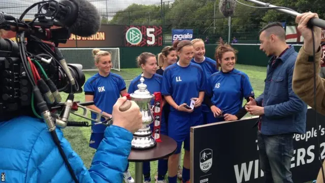 2015 People's Cup adult women's winners Liverpool Feds being interviewed by Radio 1Xtra's Nick Bright