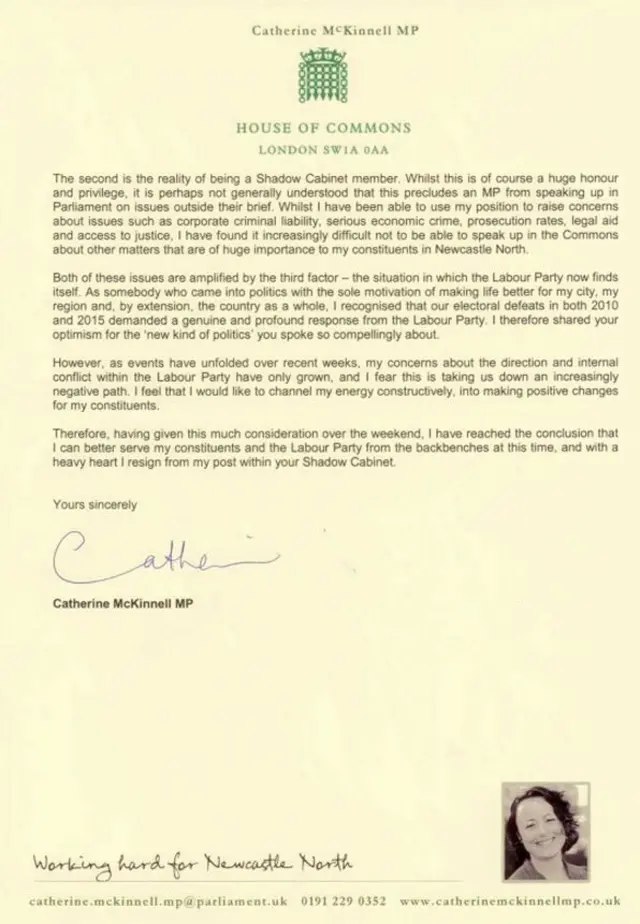 Catherine McKinnell resignation letter