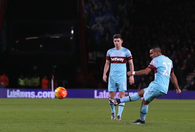 Dimitri Payet of West Ham scores