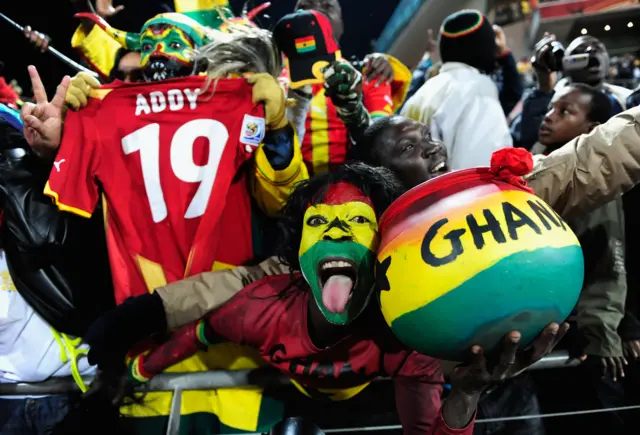 Ghana fans celebrate victory after the 2010 FIFA World Cup South Africa Round of Sixteen match between USA and Ghana