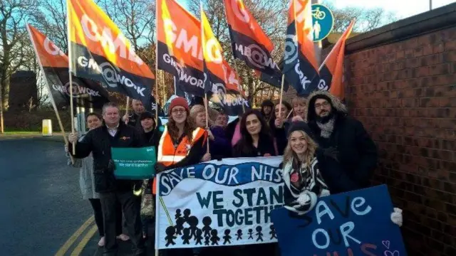 GMB Union members join the picket at Pinderfields Hospital