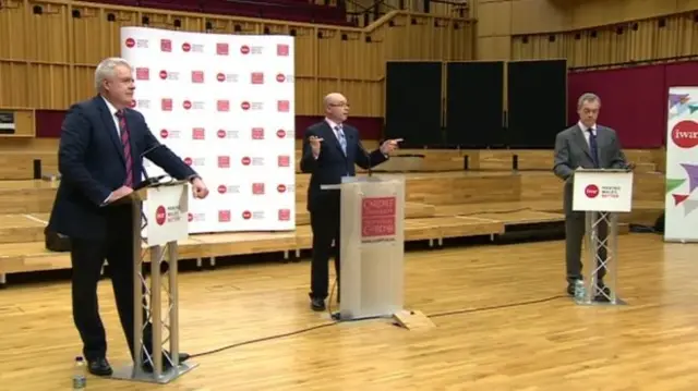 Carwyn Jones (left), Adrian Masters (centre) and Nigel Farage (right)