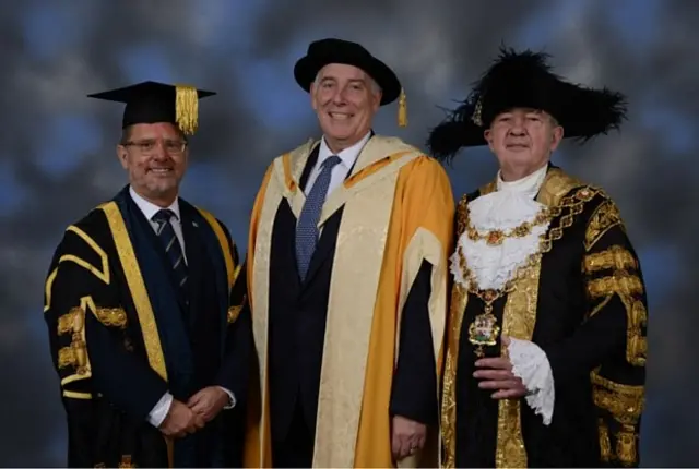 Jim McCarthy (centre), with Birmingham City University Vice-Chancellor Cliff Allan (left) and Chancellor Councillor Raymond Hassell