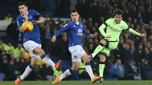 David Silva attempts a shot against Everton