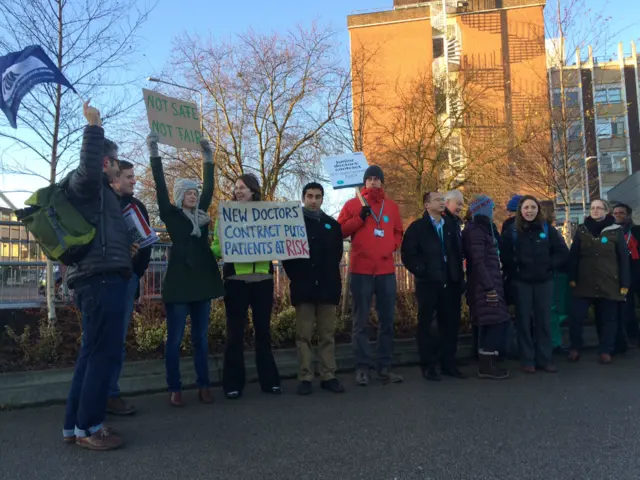 Striking doctors outside Addenbrooke's Hospital