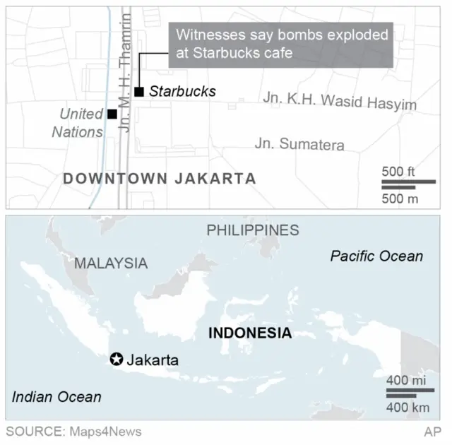 Map locates bomb explosions at Starbucks in Jakarta