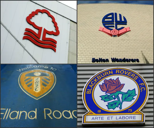 Nottingham Forest, Bolton Wanderers, Leeds United and Blackburn Rovers club crests