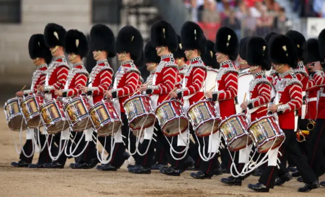 Drummers of the Grenadier and Welsh Guards perform in the Household Division's Beating Retreat