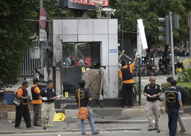 Damaged police post in Jakarta