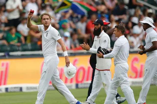 Stuart Broad leaves the field