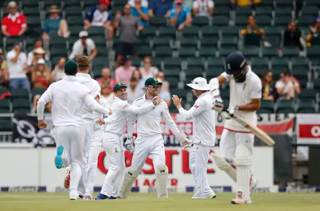 South Africa celebrate wicket of Moeen Ali