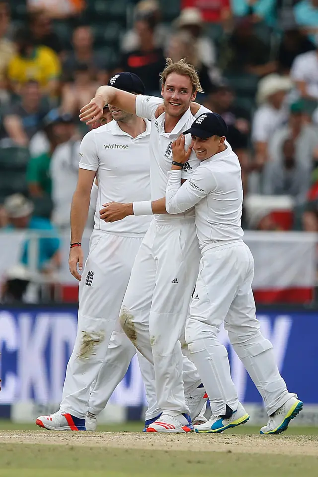 Stuart Broad celebrates taking final wicket