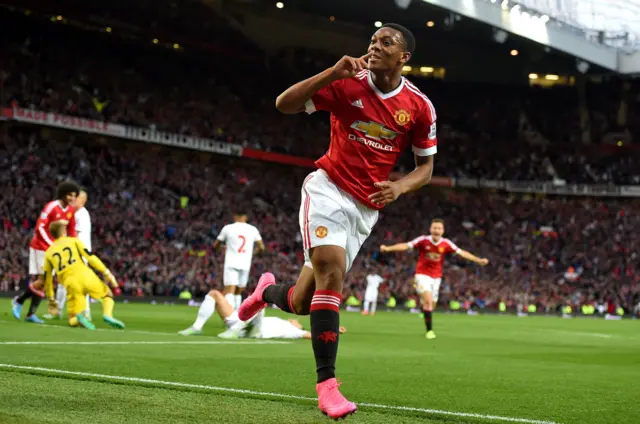 Anthony Martial scores against Liverpool